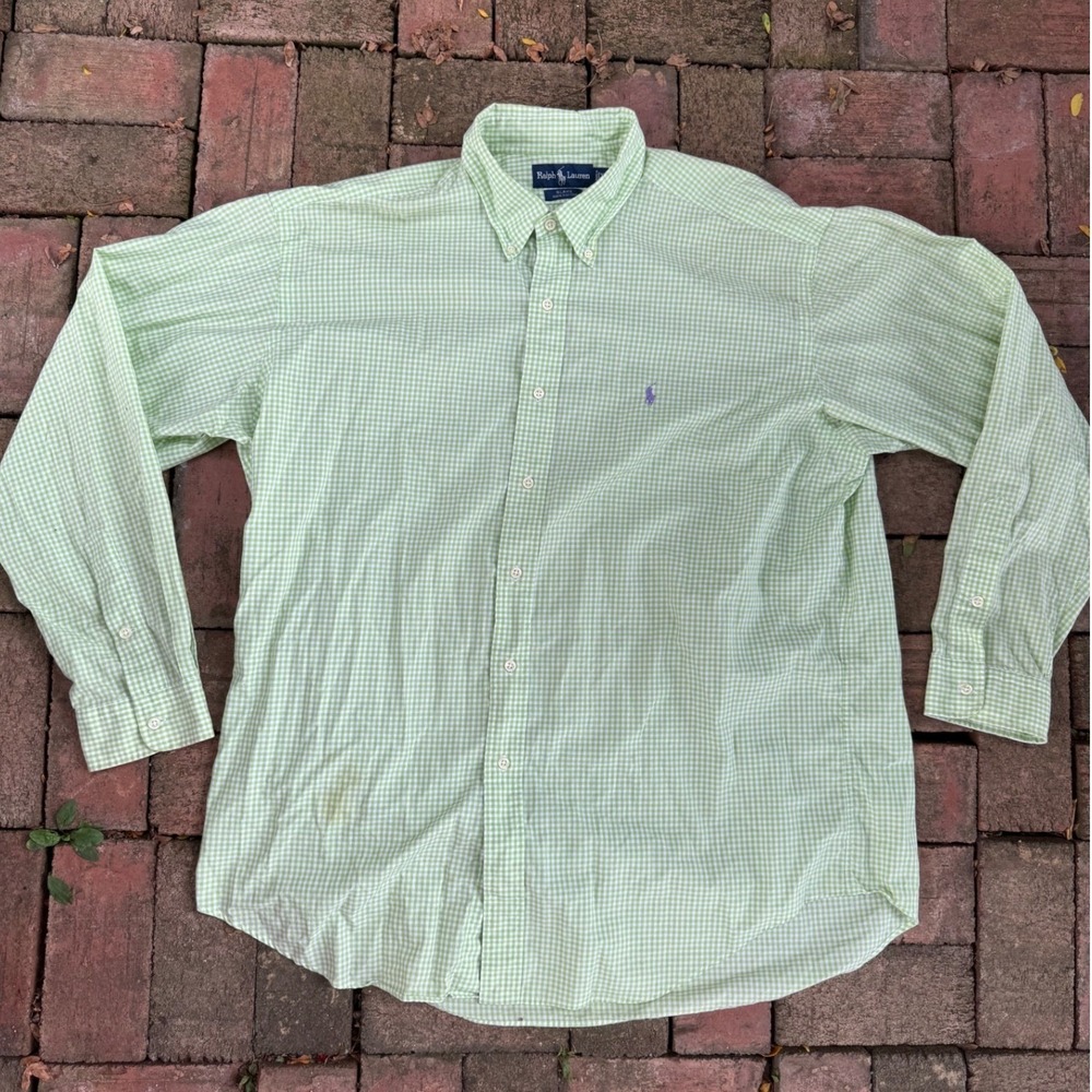 Ralph‎ Lauren Blake Mens XL Green White Gingham Check Cotton Button Down Shirt
